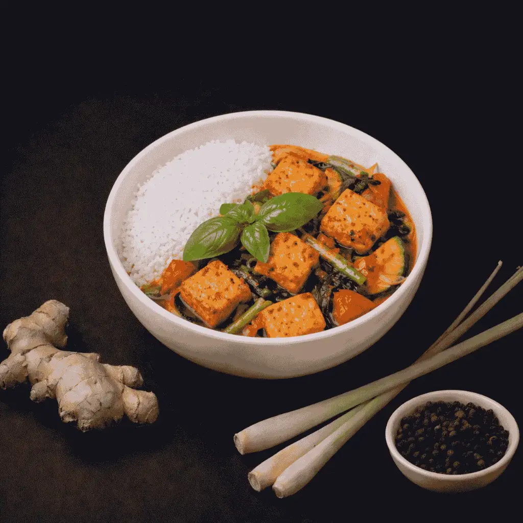 120 - Com Chay Tofu : gebratener Tofu mit Gemüse und Reis (1,5,6,7,F) — B ) mit Zitronengras und Basilikum in Chilisoße