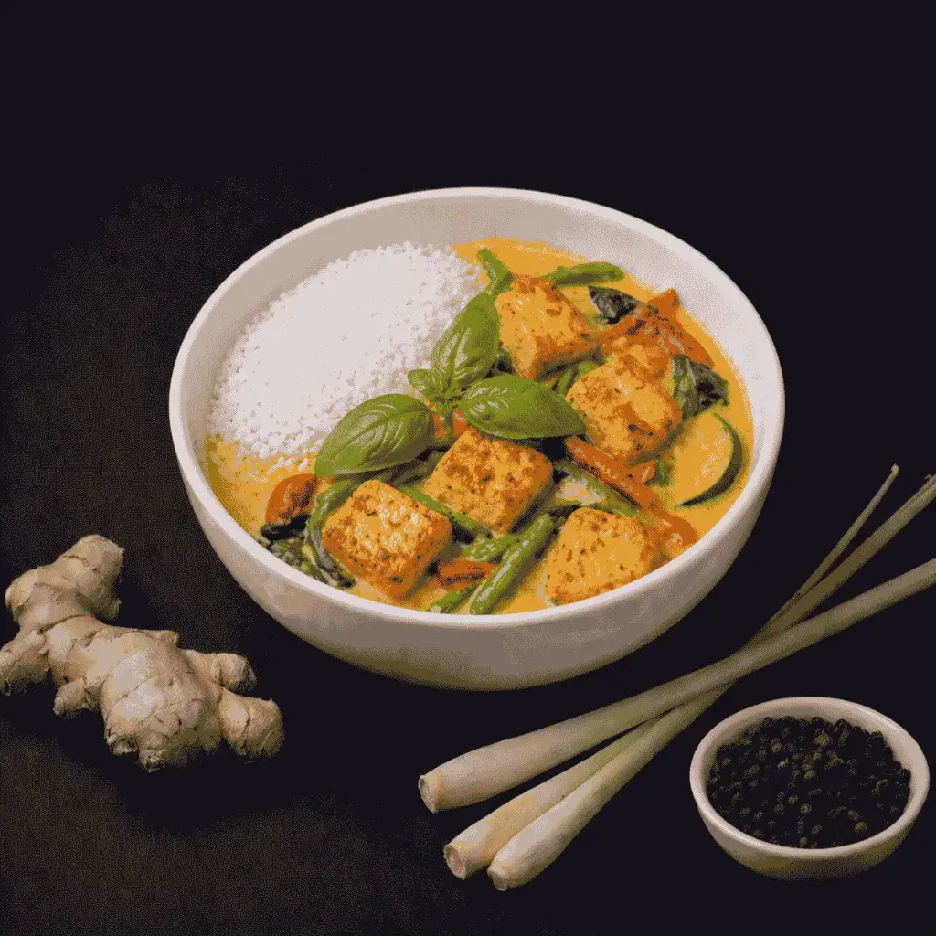 120 - Com Chay Tofu : gebratener Tofu mit Gemüse und Reis (1,5,6,7,F) — C ) mit Basilikum in Kokosrahm und Gelber Curry Soße