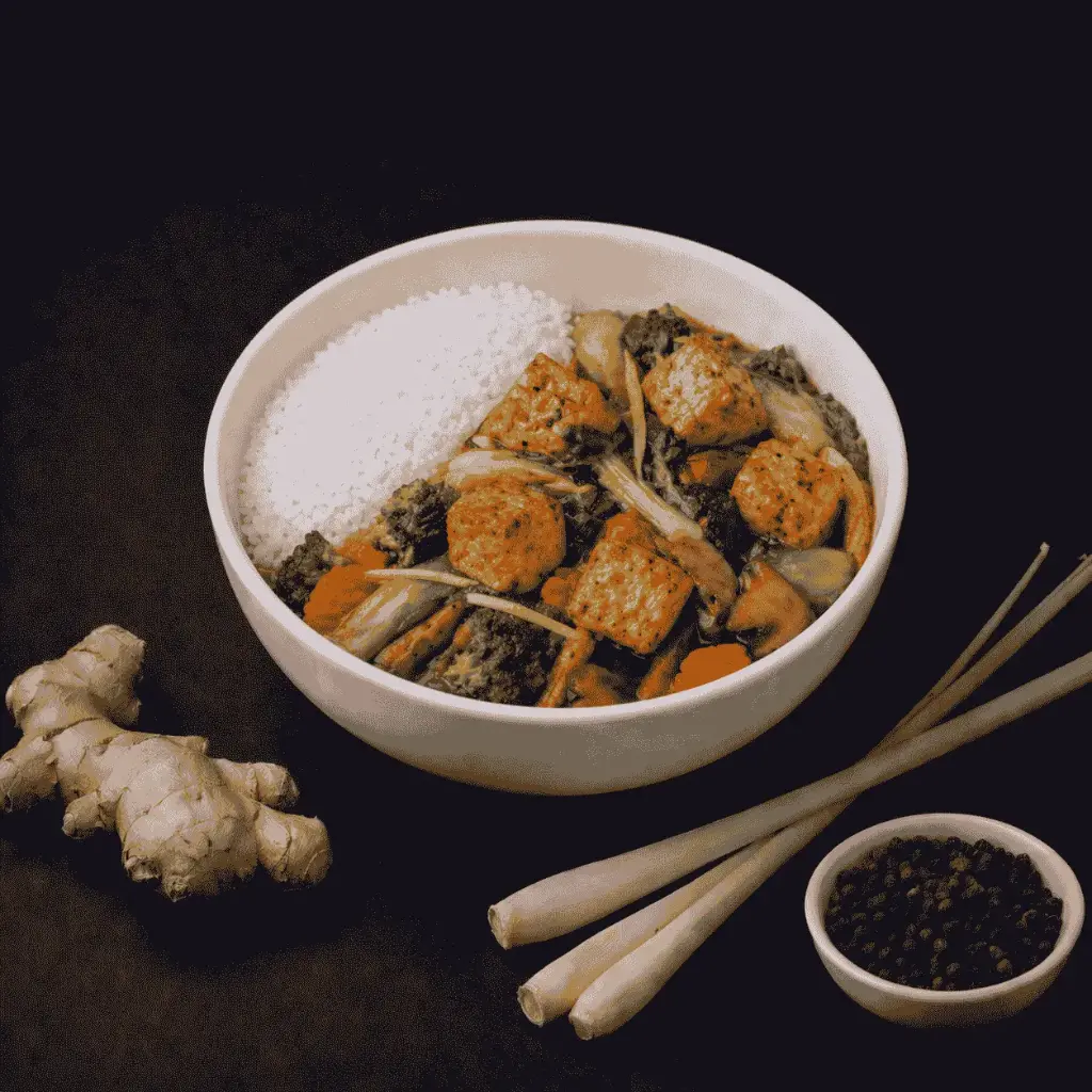 120 - Com Chay Tofu : gebratener Tofu mit Gemüse und Reis (1,5,6,7,F) — D ) mit Pakchoi, gebratenem Gemüse und Ingwer in Sojasoße