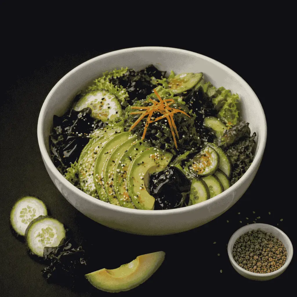 24-JAPANISCHER GEMISCHTER SALAT Avocado, Seetang, Gurken und Sesam mit Süß – Sauer Sauce K, 1, 17