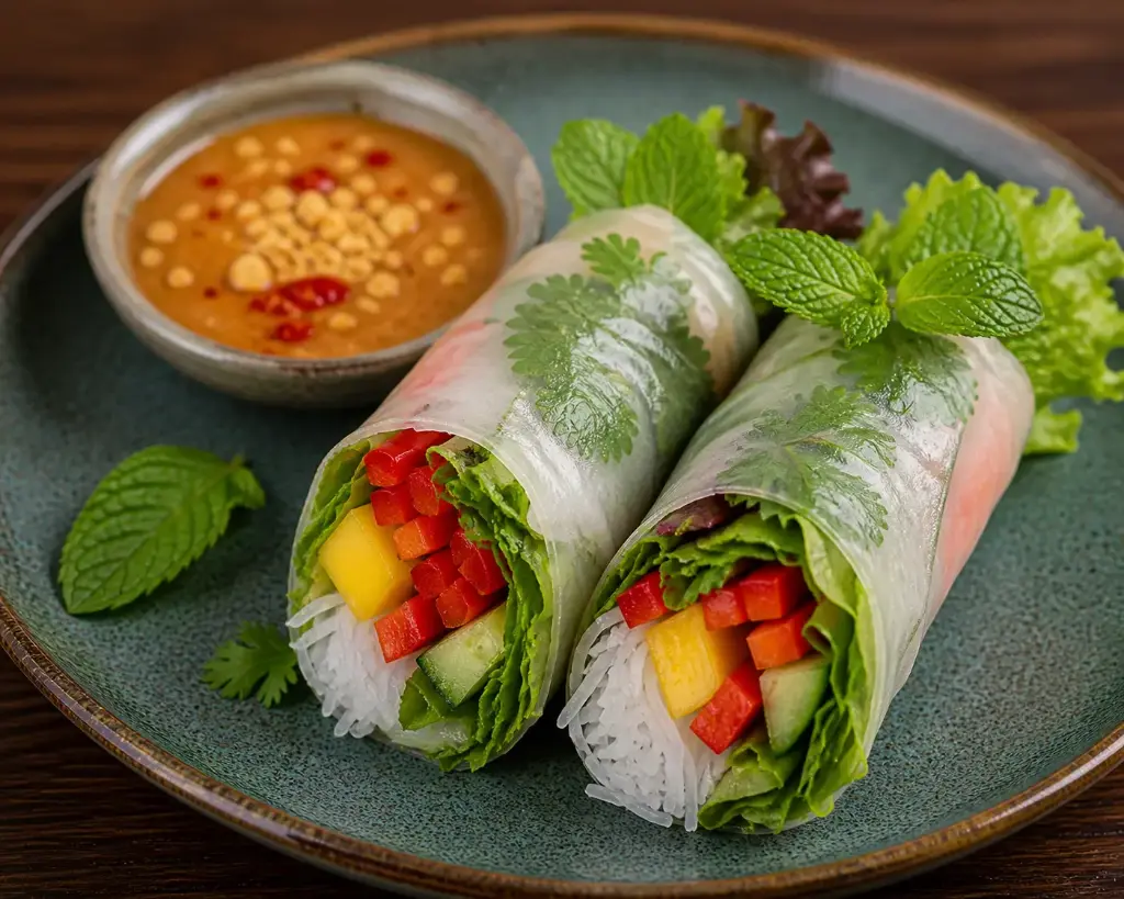 28) SOMMERROLLEN (2 STÜCK) mit Salat, Mango, Paprika, Minze, Koriander, Reisnudeln und hausgemachter Sauce 1, 17, A — A : mit Tofu F