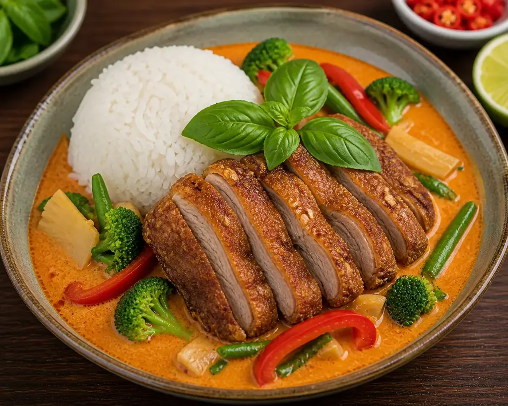30) VIT CURRY - Basilikum in Kokosrahm und rotem Curry 1, 17, G, A, A1 — Knusprige Ente, Reis und Gemüse