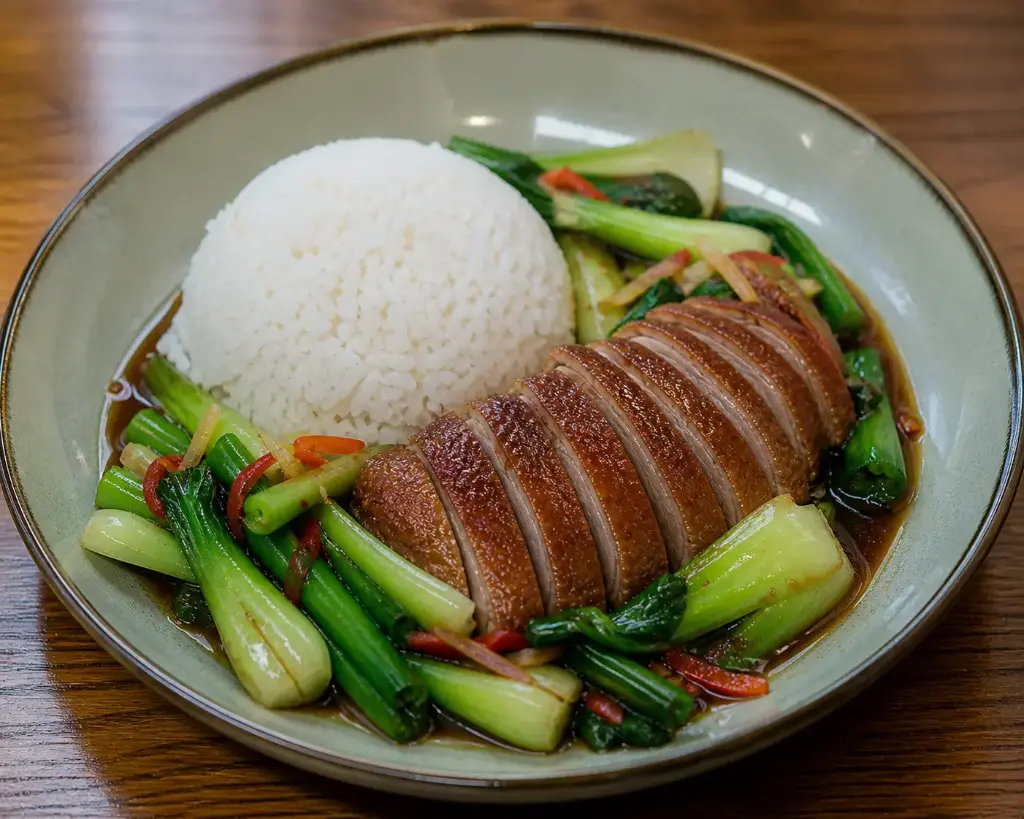 33) PAKCHOI VIT SOT TERIYAKI - Pakchoi, und Ingwer in Teriyaki Sauce 1, 15,A, A1 — Knusprige Ente, Reis und Gemüse