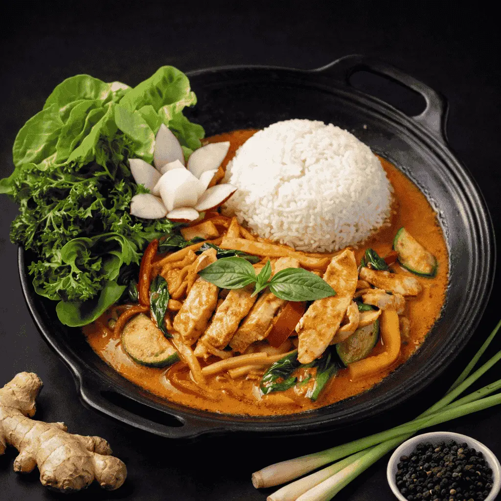 40) UC GA CURRY DO - Thai Basilikum in Kokosrahm und rotem Curry 1, 17, G, A1 — Paniertes Hühnerfleisch, mit Reis und Gemüse
