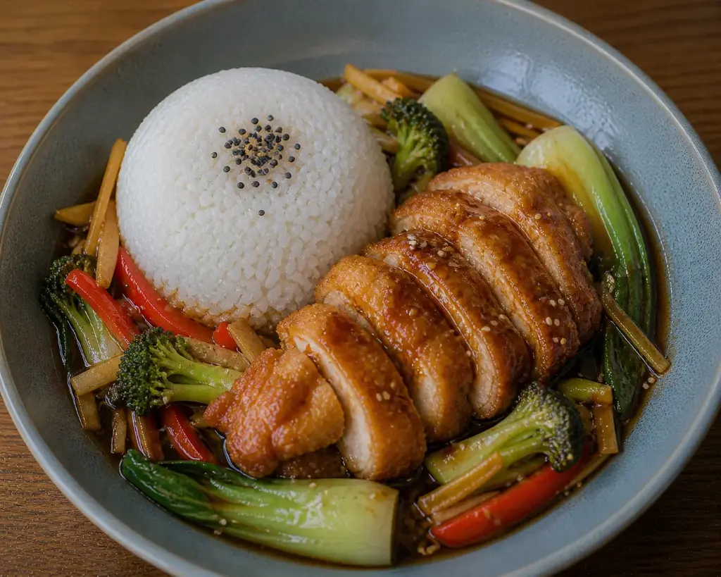 43) PAKCHOI UC GA SOT TERIYAKI - Pakchoi, und Ingwer in Teriyaki Sauce 1, 15, A1 — Paniertes Hühnerfleisch, mit Reis und Gemüse