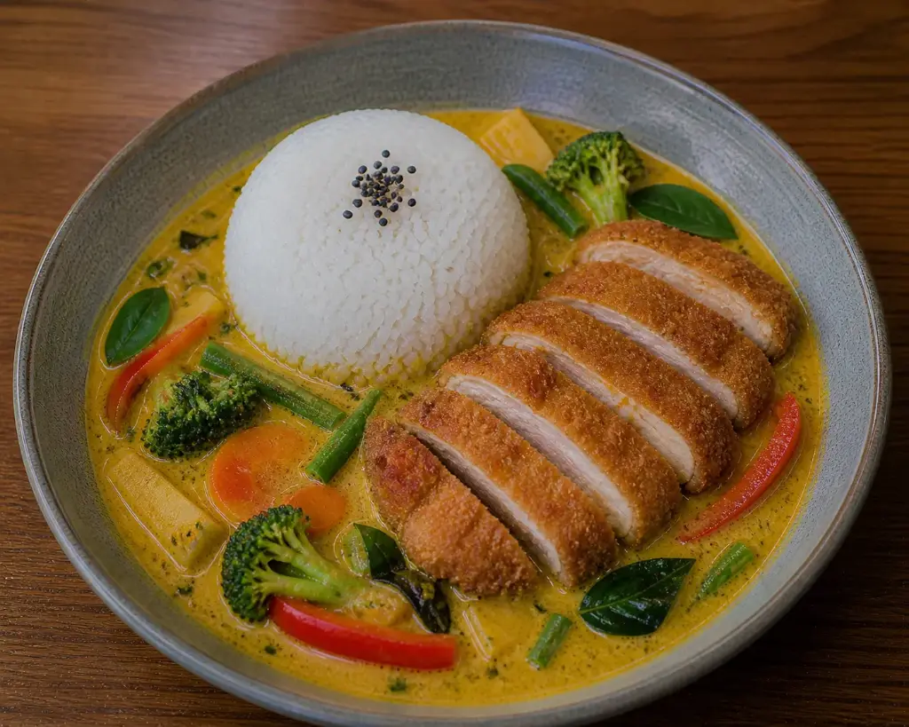 43A) GA XAO CURRY VANG - Thai Basilikum in Kokosrahm und gelber Currysauce A, 1, 17, G — gebackenes Hähnchen mit Reis und Gemüse