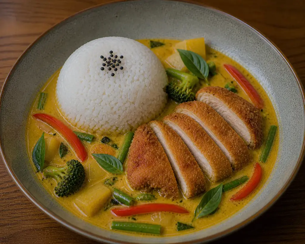 44) UC GA CURRY VANG - Thai Basilikum in Kokosrahm und gelber Currysauce 1, 17, G , A1 — Paniertes Hühnerfleisch, mit Reis und Gemüse