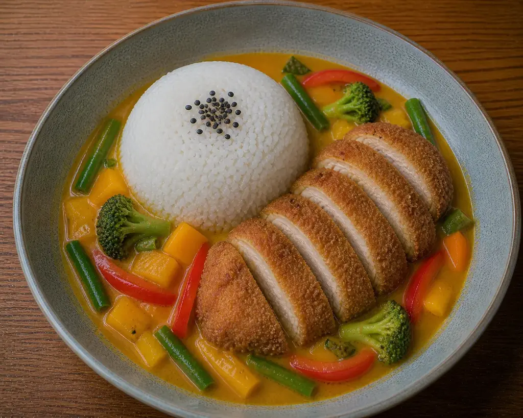 46) UC GA XOT XOAI - Mango Soße 1, 17, 5, A1 — Paniertes Hühnerfleisch, mit Reis und Gemüse