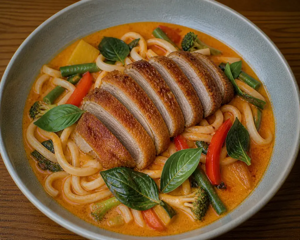 5) UDON NUDELN : Mit knuspriger Ente — A ) Basilikum und Gemüse in rotem Curry und Kokosmilch
