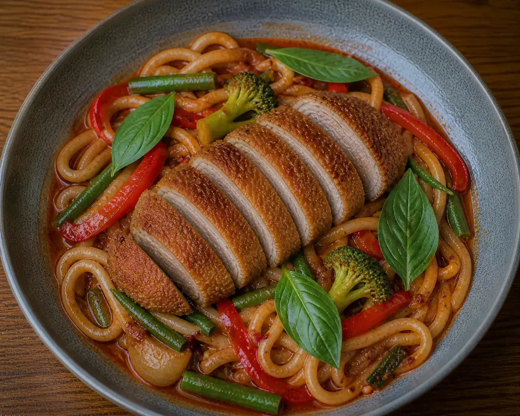 5) UDON NUDELN : Mit knuspriger Ente — B ) Basilikum und Gemüse in Chilisoße