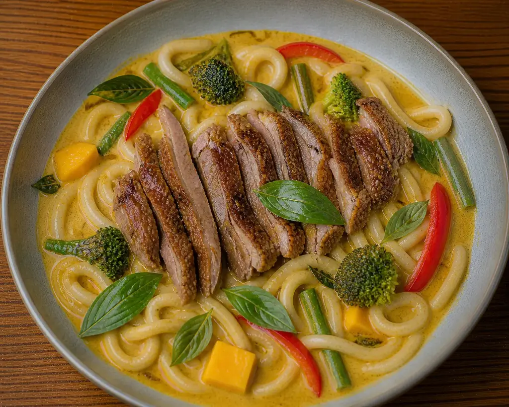 5) UDON NUDELN : Mit knuspriger Ente — C ) Basilikum und Gemüse in Kokosrahm und gelber Currysauce