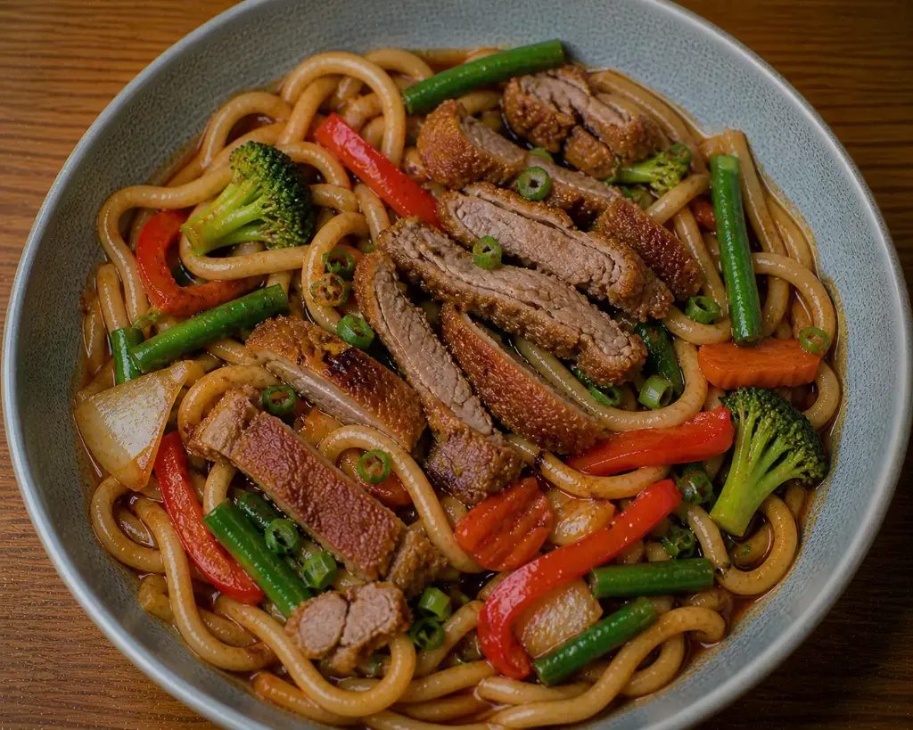 5) UDON NUDELN : Mit knuspriger Ente — D ) Gemüse in Sojasoße