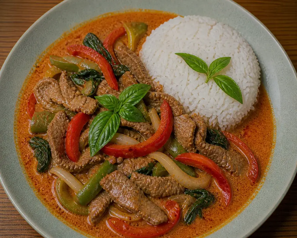 50) BO XAO CURRY: Basilikum in Kokosrahm und rotem Curry A, 1, 17, 5, G — Gebratenes Rindfleisch mit Reis