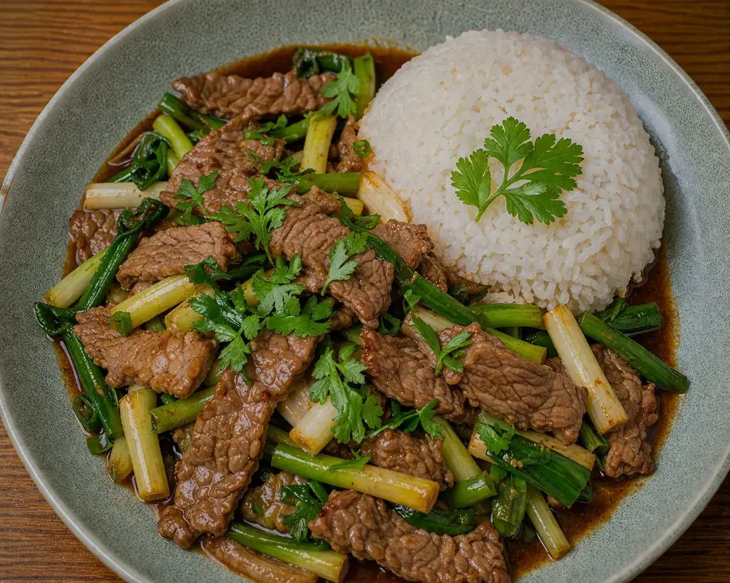 52)BO XAO HANH : Lauch, Koriander, Sojasauce A, 1, 17, 5 — Gebratenes Rindfleisch mit Reis