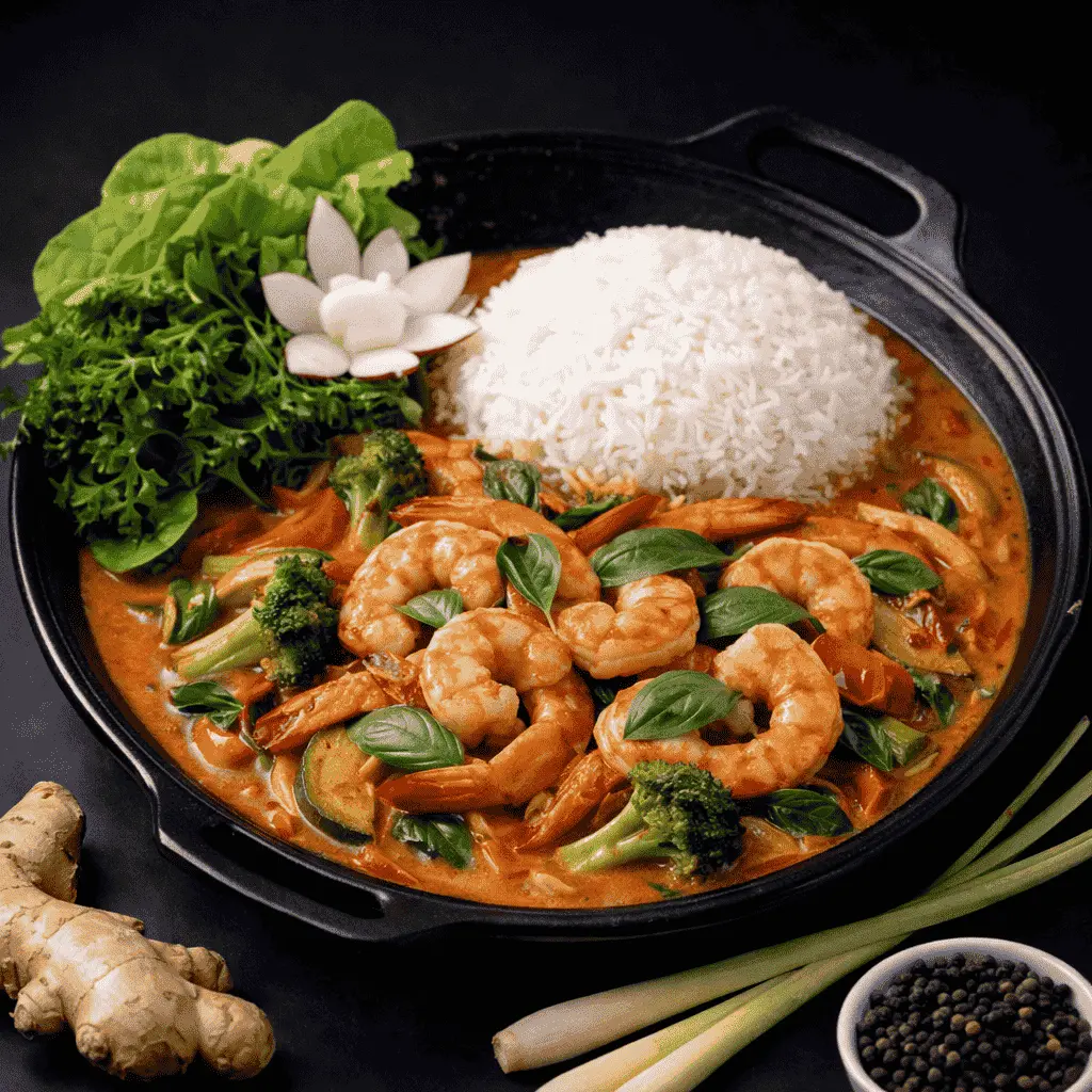 60) TOM XAO CURRY :Basilikum, Kokosrahm, rotem Curry A, 1, 17, 5, G — Gebratene Garnelen mit Gemüse und Reis