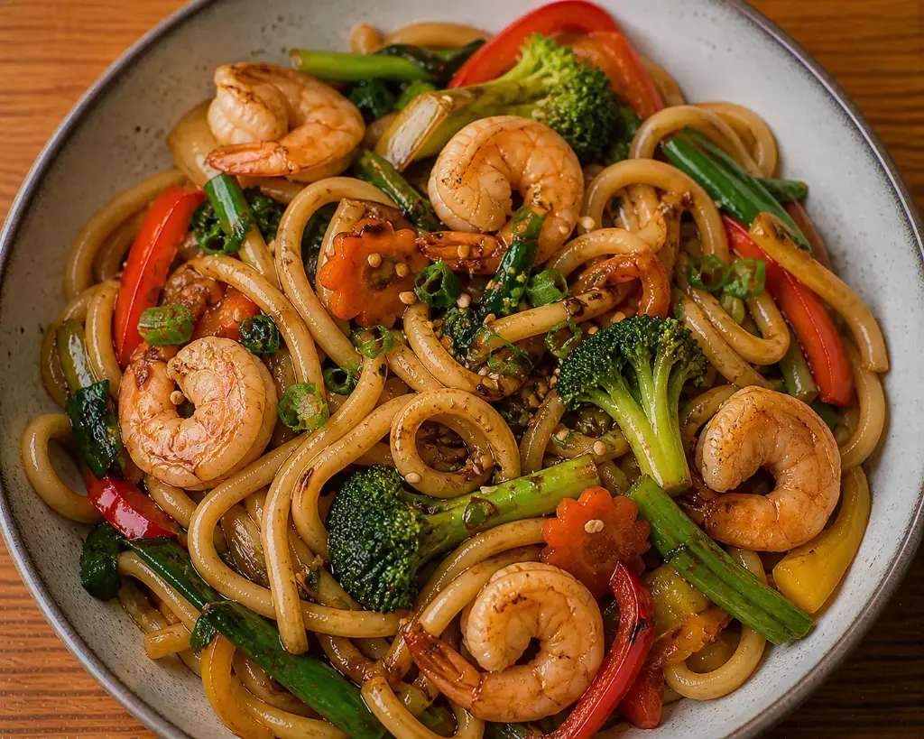 87)UDON NUDELN : Mit Garnelen — D ) Gemüse in Sojasoße