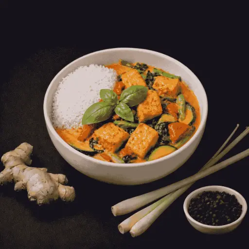 [120-A] 120 - Com Chay Tofu : gebratener Tofu mit Gemüse und Reis (1,5,6,7,F) — A ) mit Basilikum in Rotem Curry, Kokosmilch, Basilikum
