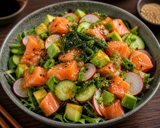 [25] 25) JAPANISCHER LACHSSALAT Lachs, Avocado, Gurken, Seetang, Rettich und mit Süß - Sauer Sauce D, 1, 17