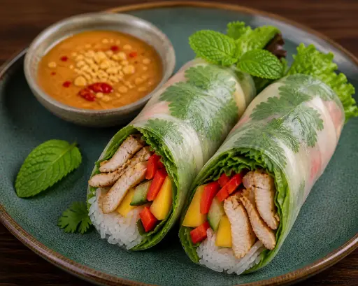 [28-B] 28) SOMMERROLLEN (2 STÜCK) mit Salat, Mango, Paprika, Minze, Koriander, Reisnudeln und hausgemachter Sauce 1, 17, A — B : mit Gegrilltem Hähnchenbrustfilet