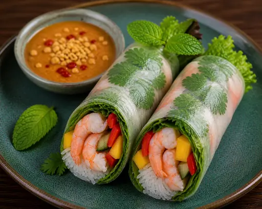 [28-C] 28) SOMMERROLLEN (2 STÜCK) mit Salat, Mango, Paprika, Minze, Koriander, Reisnudeln und hausgemachter Sauce 1, 17, A — C : mit Garnelen B