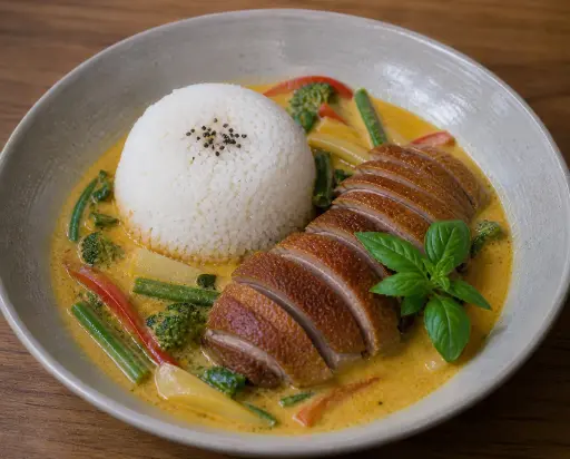 [34] 34) VIT CURRY VANG - Thai Basilikum in Kokosrahm und gelber Currysauce 1, 17, G, A, A1 — Knusprige Ente, Reis und Gemüse