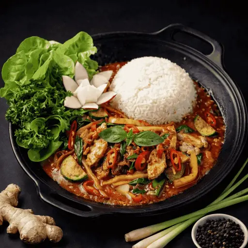 [41] 41) UC GA CHILI - Zitronengras und Thai Basilikum in Chilisauce 1, 5, 17, A1 — Paniertes Hühnerfleisch, mit Reis und Gemüse
