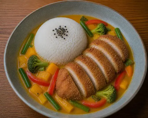[46] 46) UC GA XOT XOAI - Mango Soße 1, 17, 5, A1 — Paniertes Hühnerfleisch, mit Reis und Gemüse