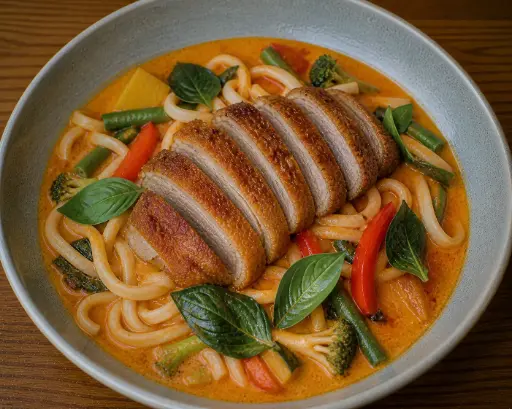 [5-A] 5) UDON NUDELN : Mit knuspriger Ente — A ) Basilikum und Gemüse in rotem Curry und Kokosmilch