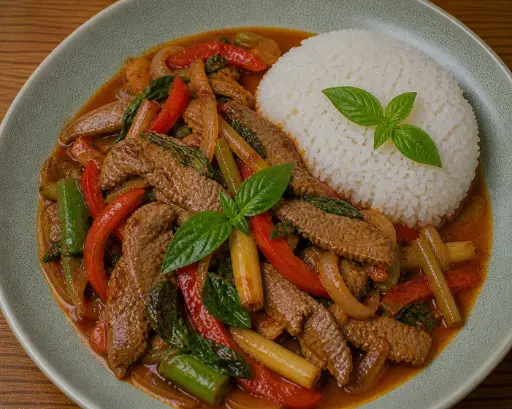[51] 51) BO XAO CHILI: Zitronengras, Basilikum in Chilisoße A,1, 17, 5 — Gebratenes Rindfleisch mit Reis