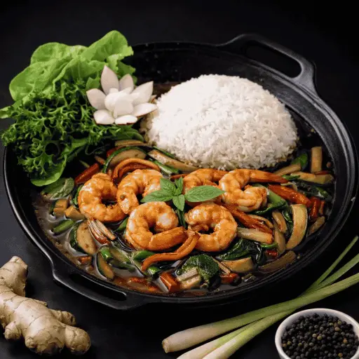 [62] 62)TOM XAO SOT DEN: Pakchoi, in Sojasauce A,1, 17, 5, B — Gebratene Garnelen mit Gemüse und Reis