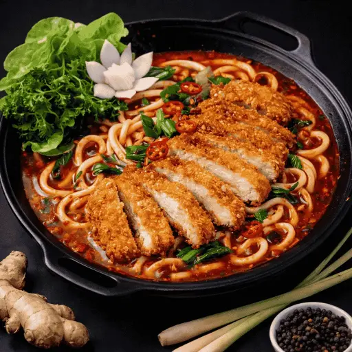 [86-C] 86)UDON NUDELN : Mit paniertem Hühnerfleisch — C ) Basilikum und Gemüse in Kokosrahm und gelber Currysauce
