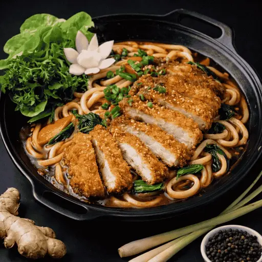 [87-A] 87)UDON NUDELN : Mit Garnelen — A ) Basilikum in rotem Curry und Kokosmilch